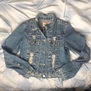 True religion| Denim jacket | light wash| distressed|Buddha
